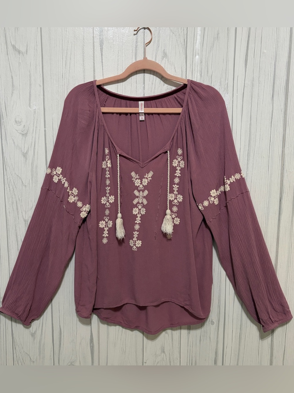 XHILERATION Mauve Peasant Blouse with Tassel Ties, XL
